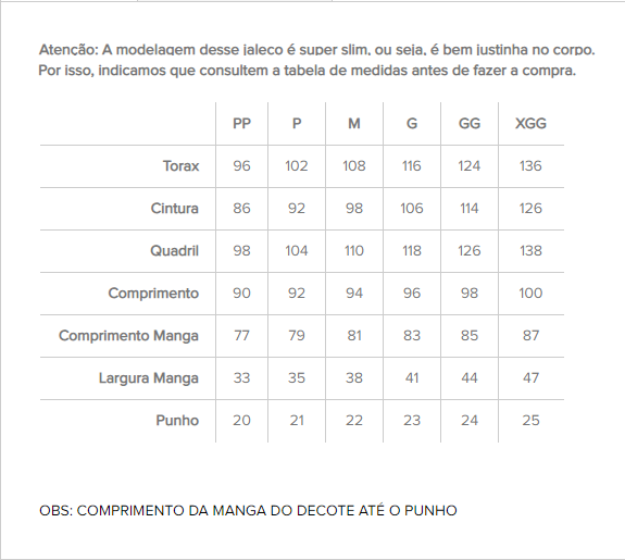 Tabela de medidas do Jaleco Masculino Veneto Branco Dra Cherie vendido por Dra Puro Charme Santarém